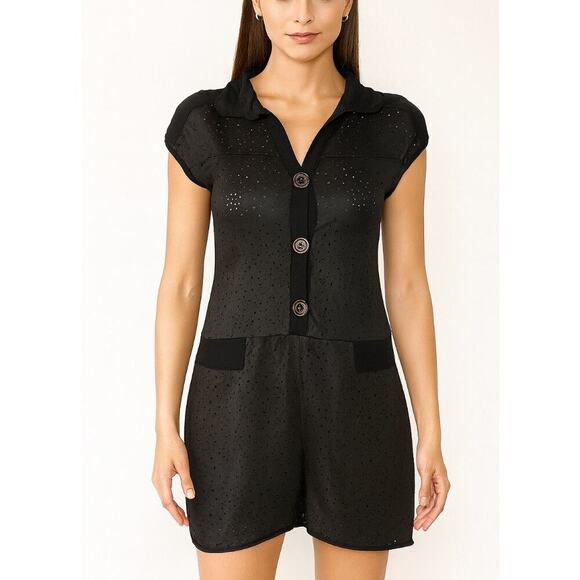 Gup's Jeans dress black stretch eyelet half button front pockets short/mini SM - Picture 1 of 10